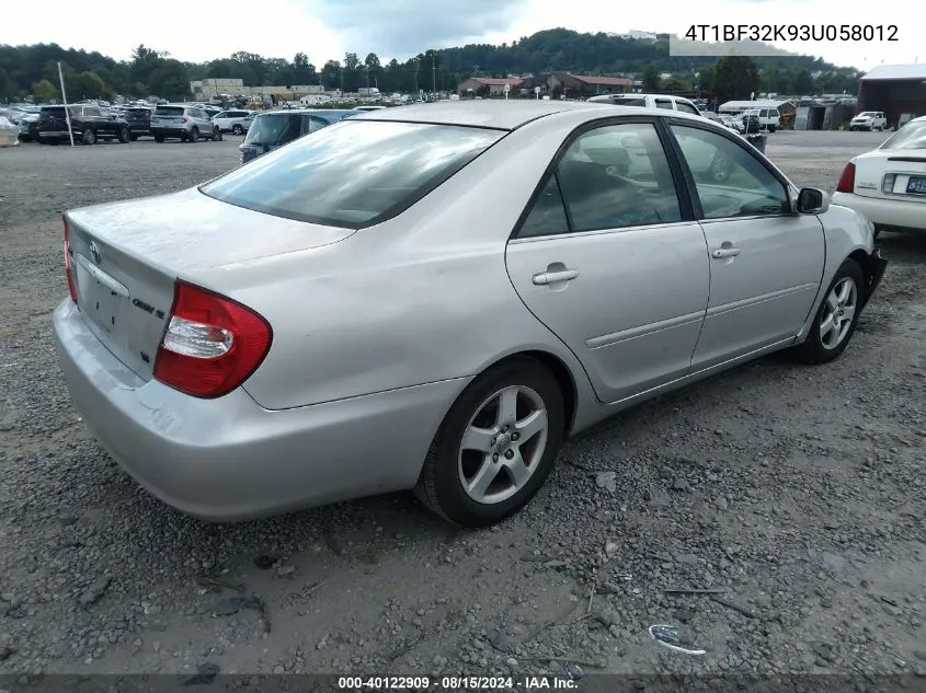 2003 Toyota Camry Se V6 VIN: 4T1BF32K93U058012 Lot: 40122909