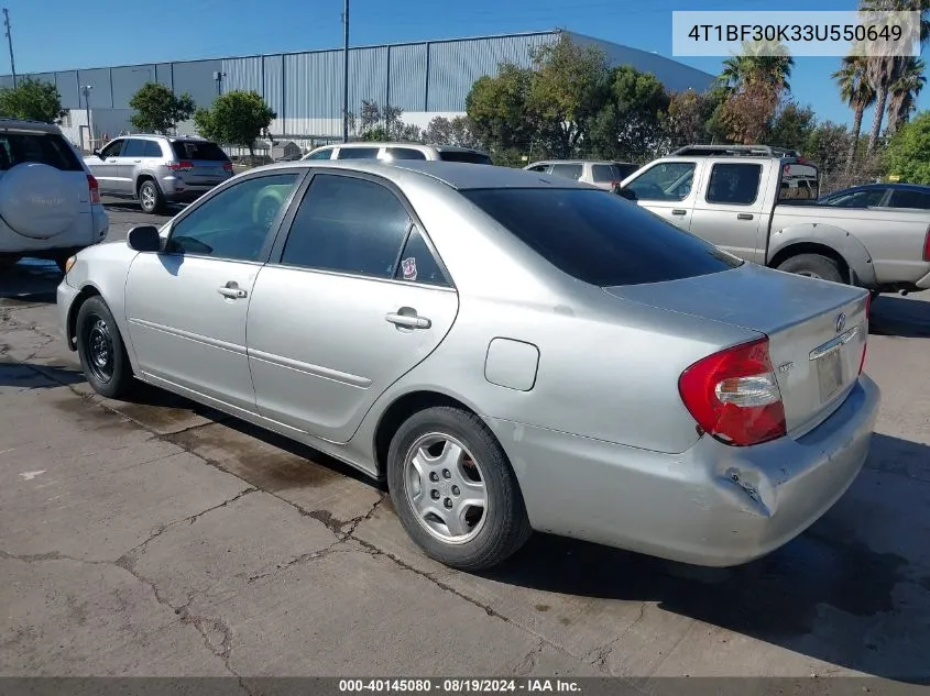 2003 Toyota Camry Le V6 VIN: 4T1BF30K33U550649 Lot: 40145080