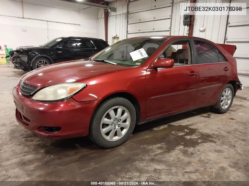 2003 Toyota Camry Xle VIN: JTDBE32K030178098 Lot: 40158065