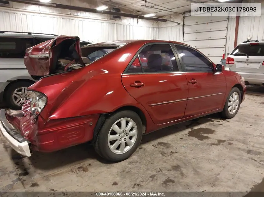 2003 Toyota Camry Xle VIN: JTDBE32K030178098 Lot: 40158065