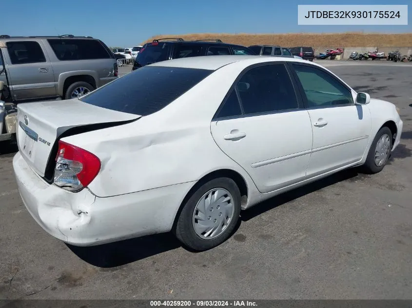 2003 Toyota Camry Le VIN: JTDBE32K930175524 Lot: 40259200