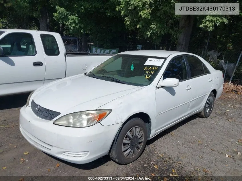 2003 Toyota Camry Le VIN: JTDBE32K430170313 Lot: 40273313