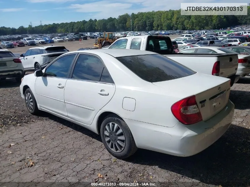 2003 Toyota Camry Le VIN: JTDBE32K430170313 Lot: 40273313