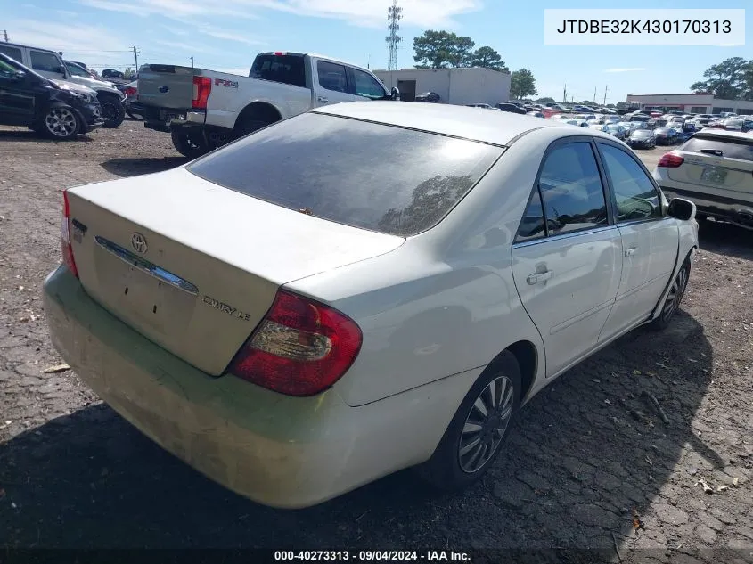 2003 Toyota Camry Le VIN: JTDBE32K430170313 Lot: 40273313