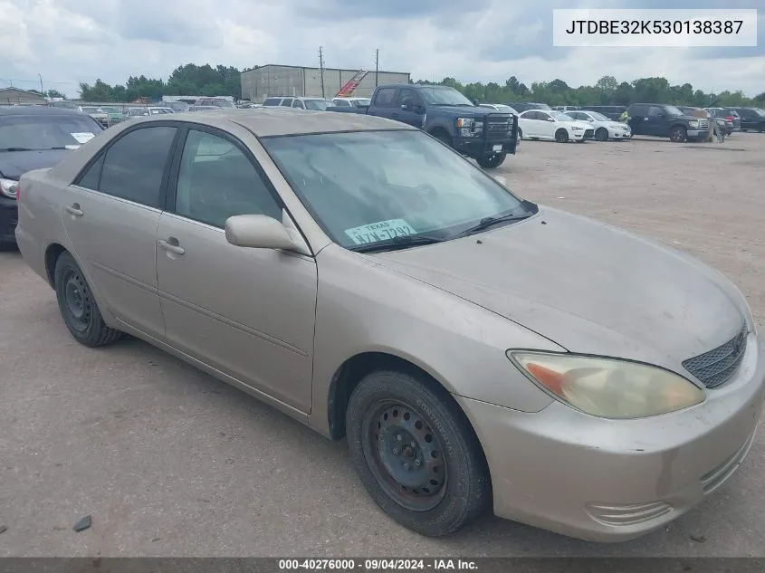 2003 Toyota Camry Le VIN: JTDBE32K530138387 Lot: 40276000