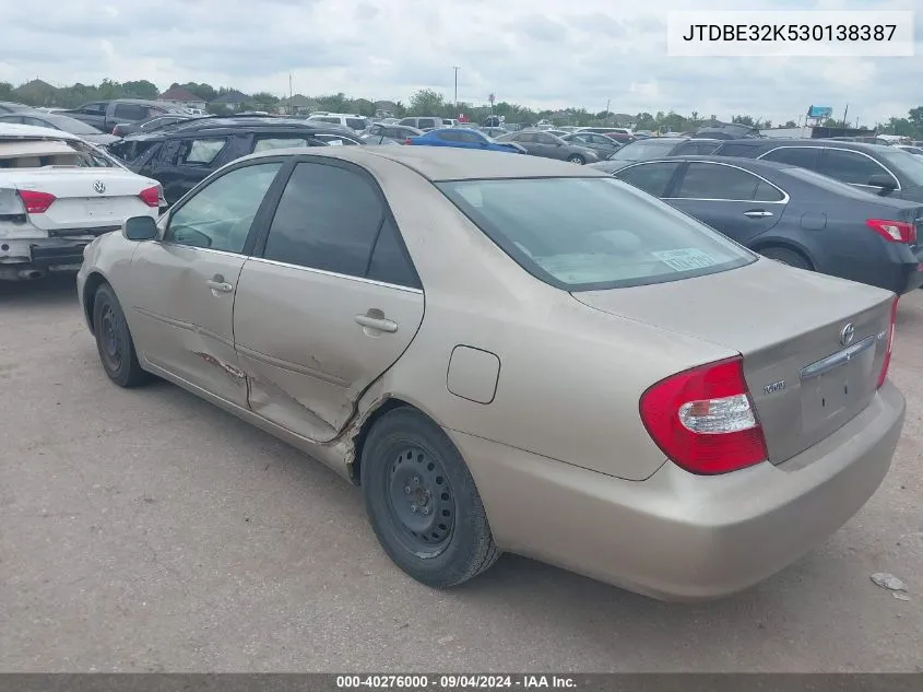 2003 Toyota Camry Le VIN: JTDBE32K530138387 Lot: 40276000