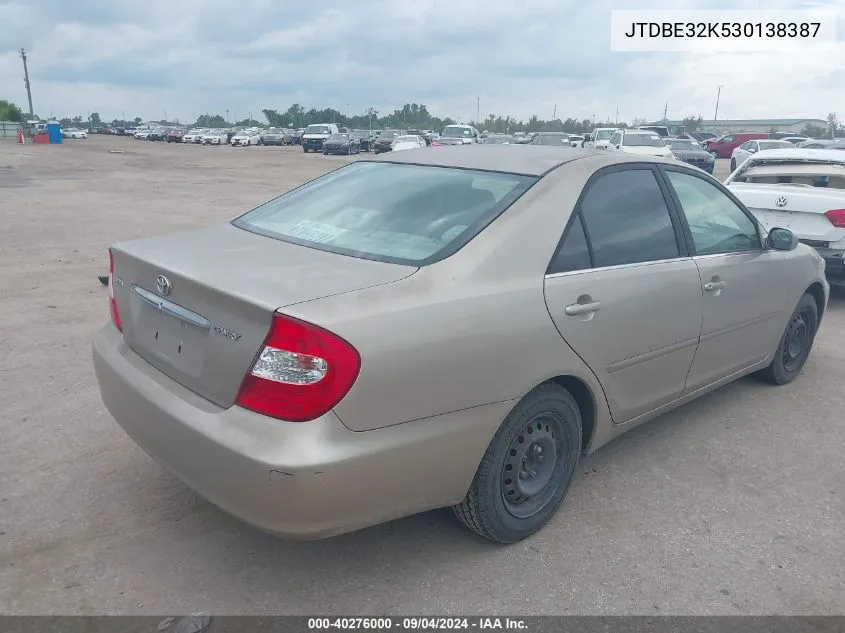 2003 Toyota Camry Le VIN: JTDBE32K530138387 Lot: 40276000