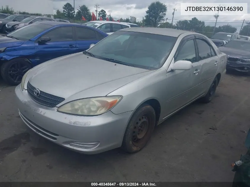 2003 Toyota Camry Le VIN: JTDBE32K130146390 Lot: 40345647