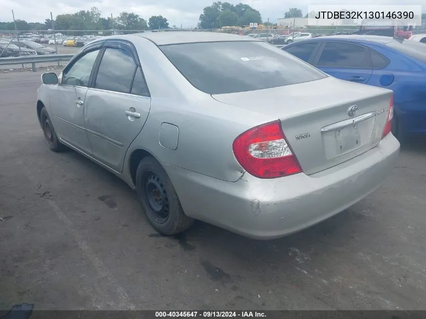 2003 Toyota Camry Le VIN: JTDBE32K130146390 Lot: 40345647