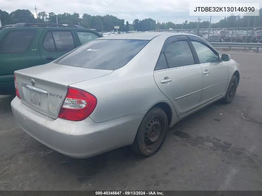 2003 Toyota Camry Le VIN: JTDBE32K130146390 Lot: 40345647