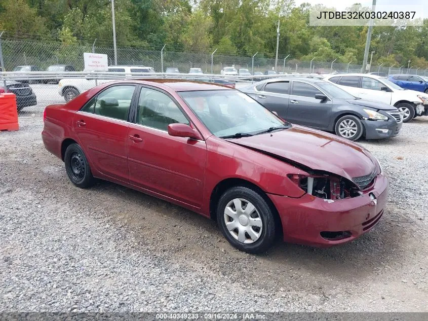 2003 Toyota Camry Le VIN: JTDBE32K030240387 Lot: 40349233