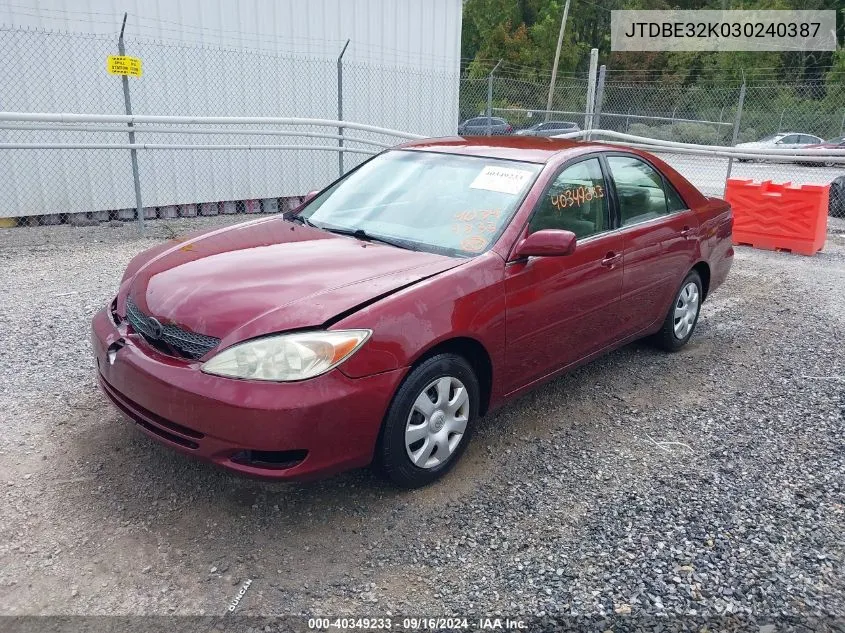 2003 Toyota Camry Le VIN: JTDBE32K030240387 Lot: 40349233