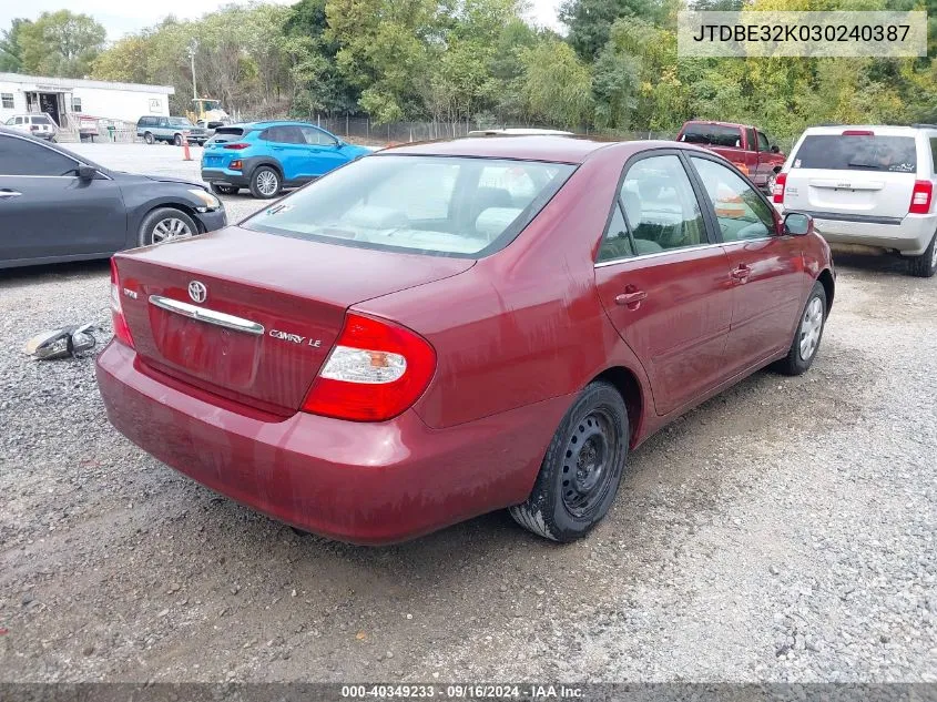 2003 Toyota Camry Le VIN: JTDBE32K030240387 Lot: 40349233