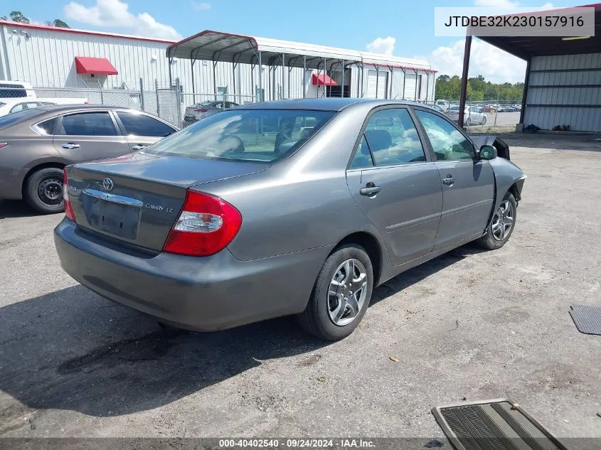 2003 Toyota Camry Le VIN: JTDBE32K230157916 Lot: 40402540