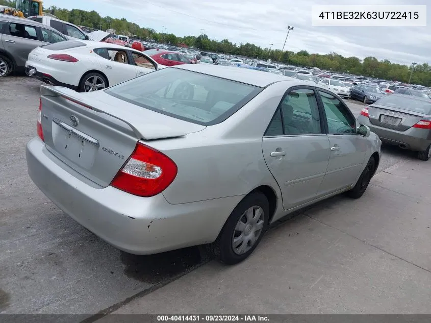 2003 Toyota Camry Le VIN: 4T1BE32K63U722415 Lot: 40414431