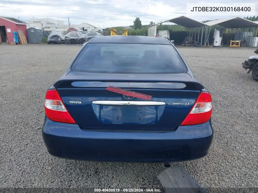 2003 Toyota Camry Le VIN: JTDBE32K030168400 Lot: 40430519