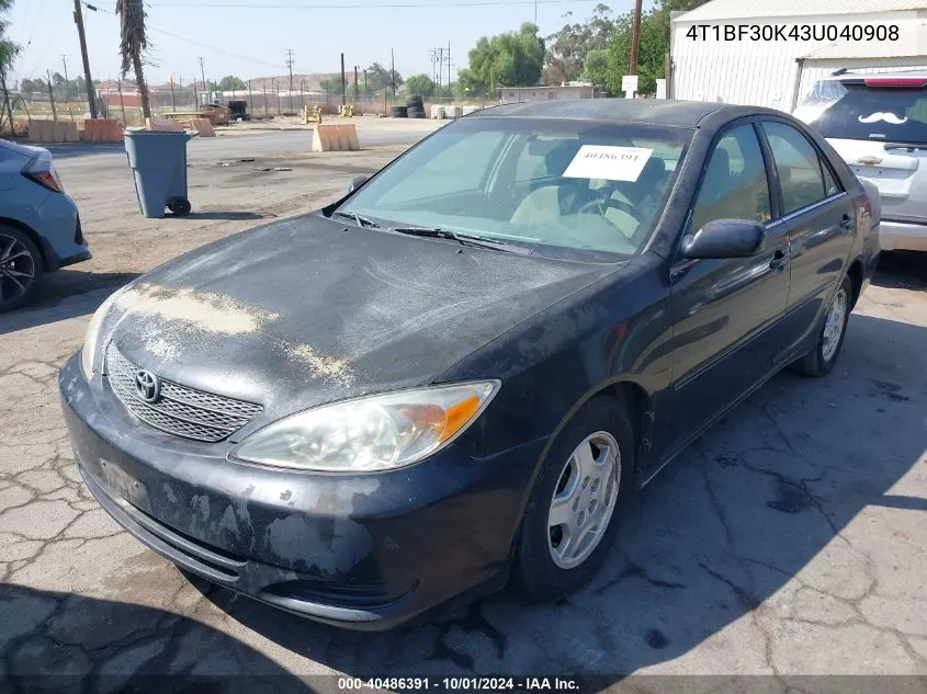 2003 Toyota Camry Le V6 VIN: 4T1BF30K43U040908 Lot: 40486391