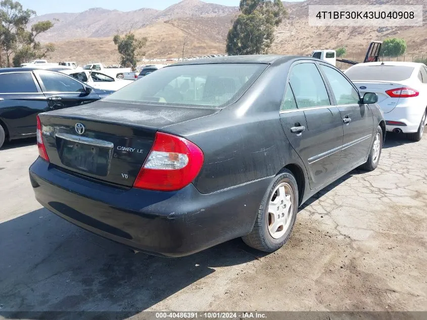 2003 Toyota Camry Le V6 VIN: 4T1BF30K43U040908 Lot: 40486391