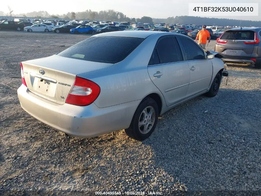 2003 Toyota Camry Le V6 VIN: 4T1BF32K53U040610 Lot: 40495545