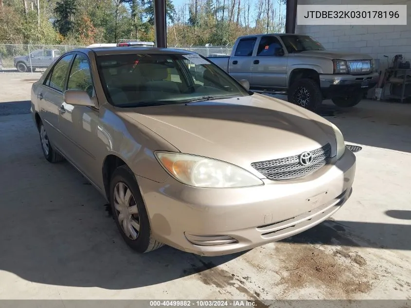 2003 Toyota Camry Le VIN: JTDBE32K030178196 Lot: 40499882