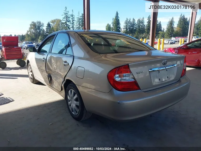 2003 Toyota Camry Le VIN: JTDBE32K030178196 Lot: 40499882