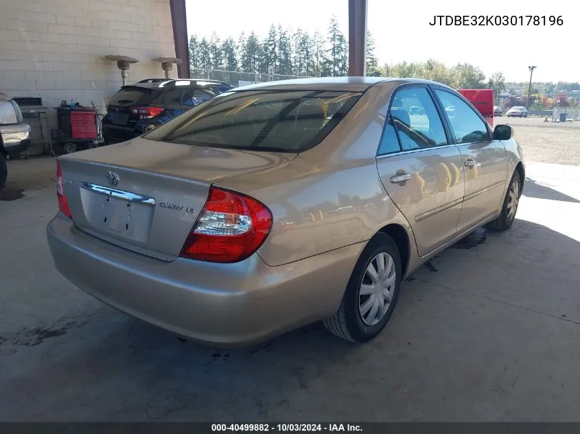 2003 Toyota Camry Le VIN: JTDBE32K030178196 Lot: 40499882