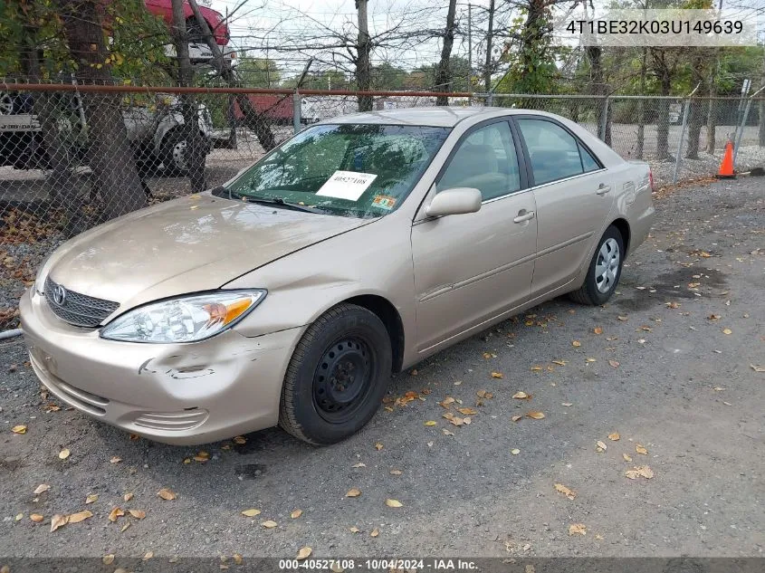 2003 Toyota Camry Le VIN: 4T1BE32K03U149639 Lot: 40527108