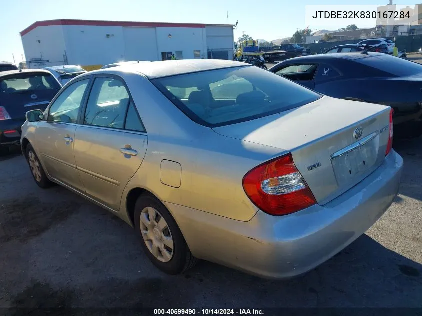 2003 Toyota Camry Le VIN: JTDBE32K830167284 Lot: 40599490