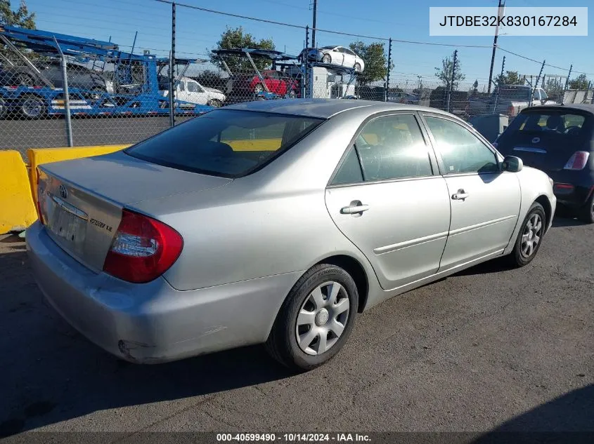 2003 Toyota Camry Le VIN: JTDBE32K830167284 Lot: 40599490