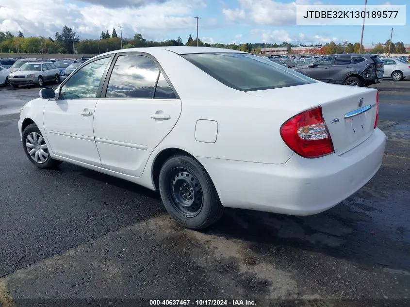 2003 Toyota Camry Le VIN: JTDBE32K130189577 Lot: 40637467