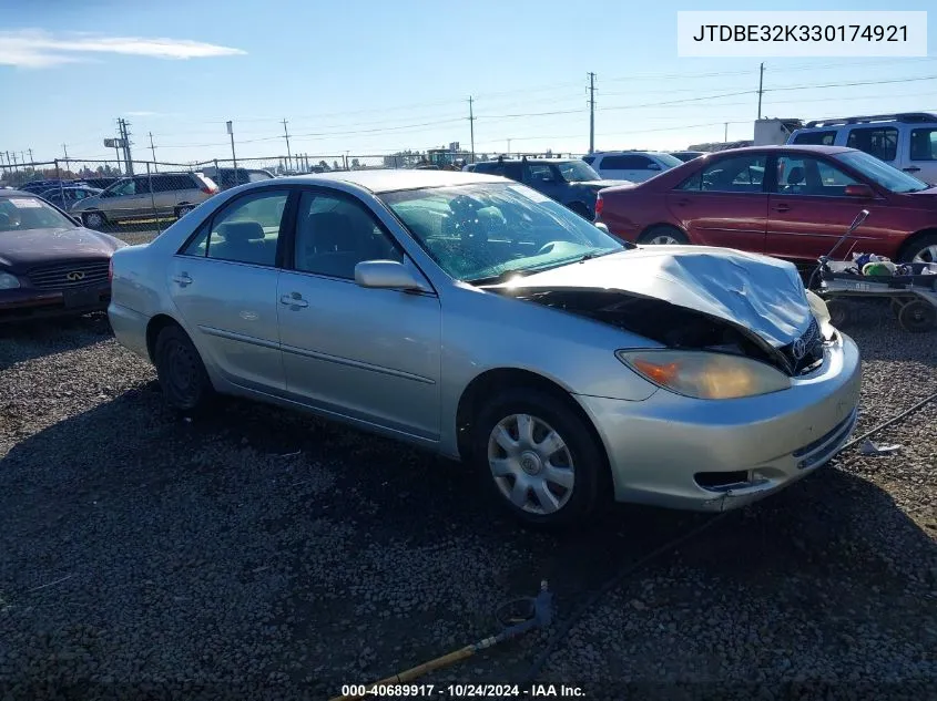 2003 Toyota Camry Le VIN: JTDBE32K330174921 Lot: 40689917