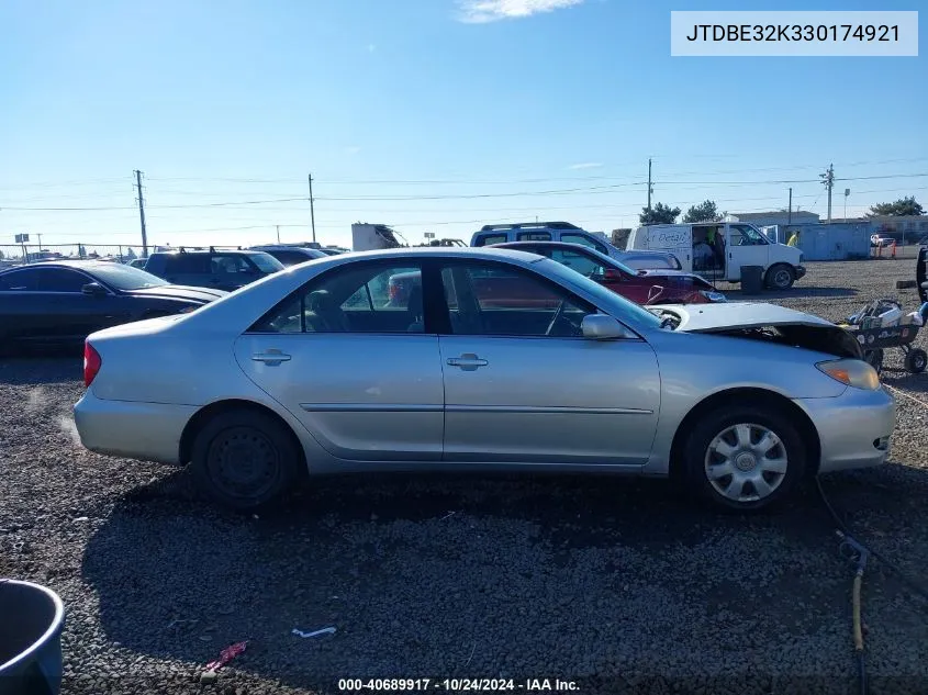 2003 Toyota Camry Le VIN: JTDBE32K330174921 Lot: 40689917