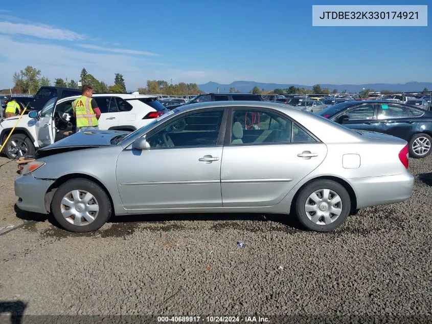 2003 Toyota Camry Le VIN: JTDBE32K330174921 Lot: 40689917