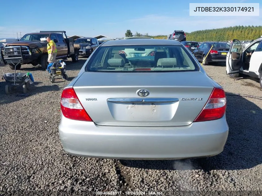 2003 Toyota Camry Le VIN: JTDBE32K330174921 Lot: 40689917