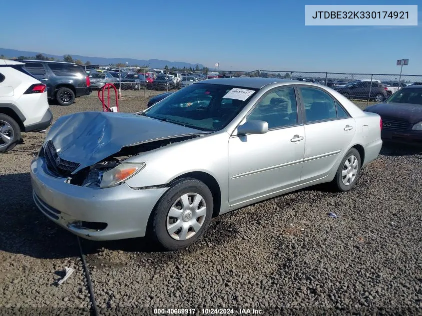 2003 Toyota Camry Le VIN: JTDBE32K330174921 Lot: 40689917