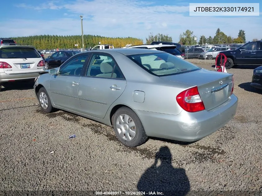 2003 Toyota Camry Le VIN: JTDBE32K330174921 Lot: 40689917