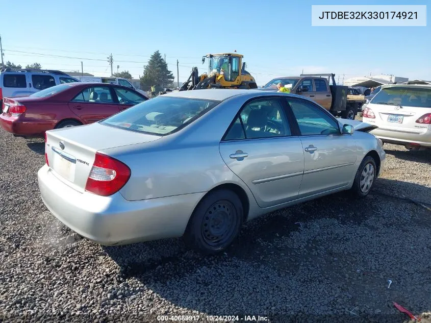 2003 Toyota Camry Le VIN: JTDBE32K330174921 Lot: 40689917