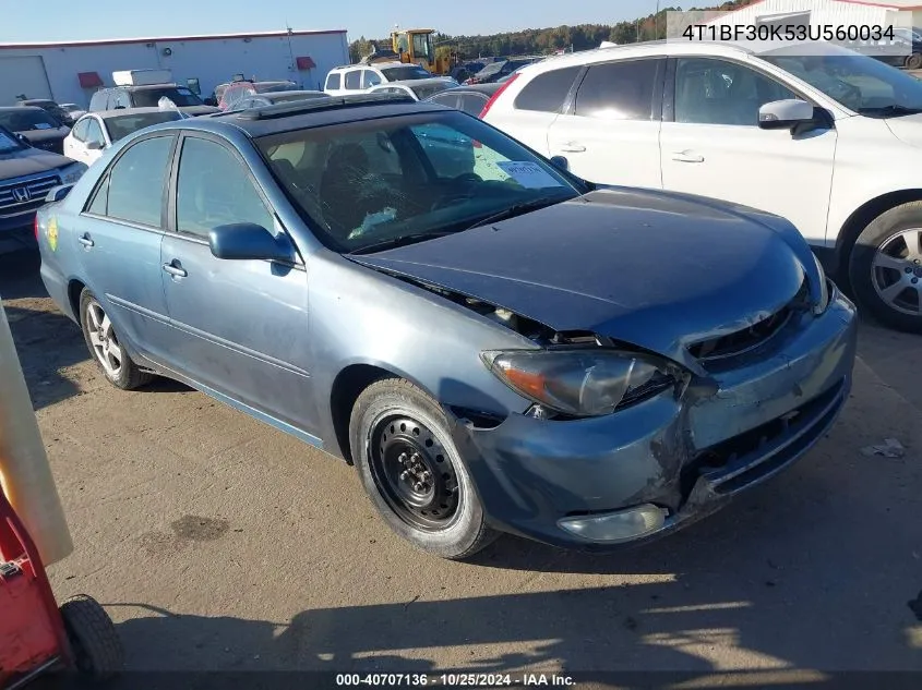 2003 Toyota Camry Se V6 VIN: 4T1BF30K53U560034 Lot: 40707136