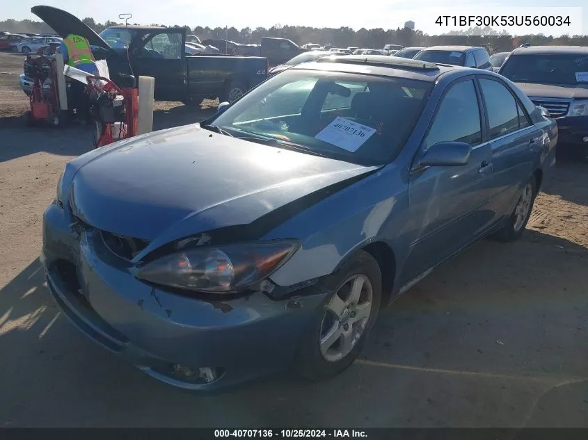 2003 Toyota Camry Se V6 VIN: 4T1BF30K53U560034 Lot: 40707136