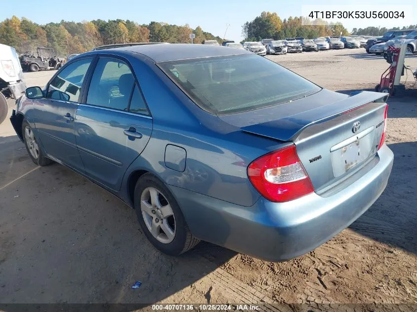 2003 Toyota Camry Se V6 VIN: 4T1BF30K53U560034 Lot: 40707136