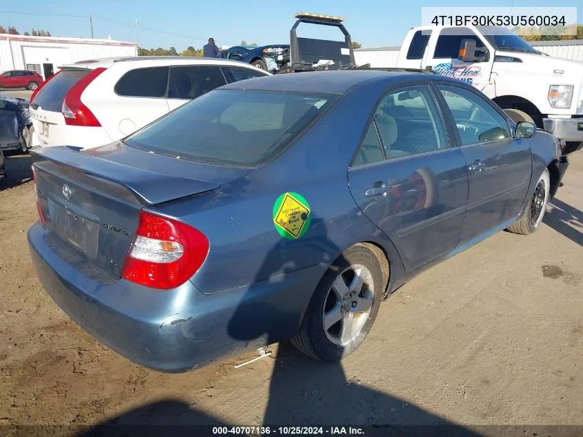 2003 Toyota Camry Se V6 VIN: 4T1BF30K53U560034 Lot: 40707136