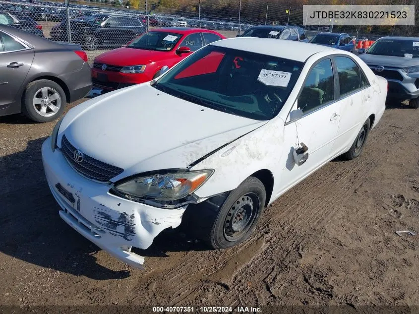 2003 Toyota Camry Le VIN: JTDBE32K830221523 Lot: 40707351