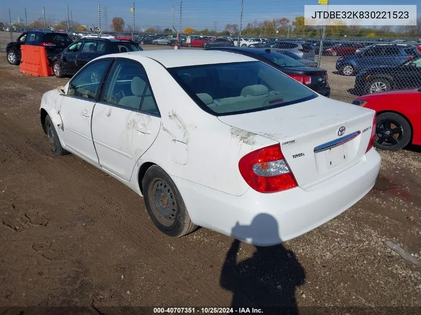 2003 Toyota Camry Le VIN: JTDBE32K830221523 Lot: 40707351