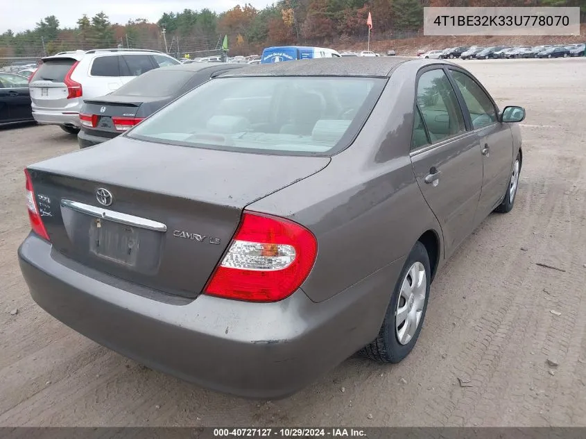 2003 Toyota Camry Le VIN: 4T1BE32K33U778070 Lot: 40727127