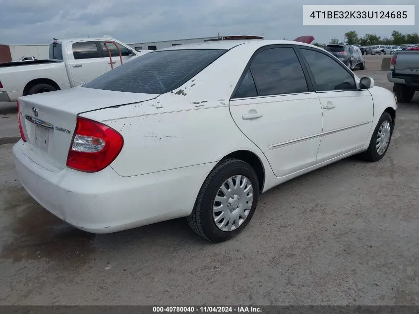 2003 Toyota Camry Xle VIN: 4T1BE32K33U124685 Lot: 40780040