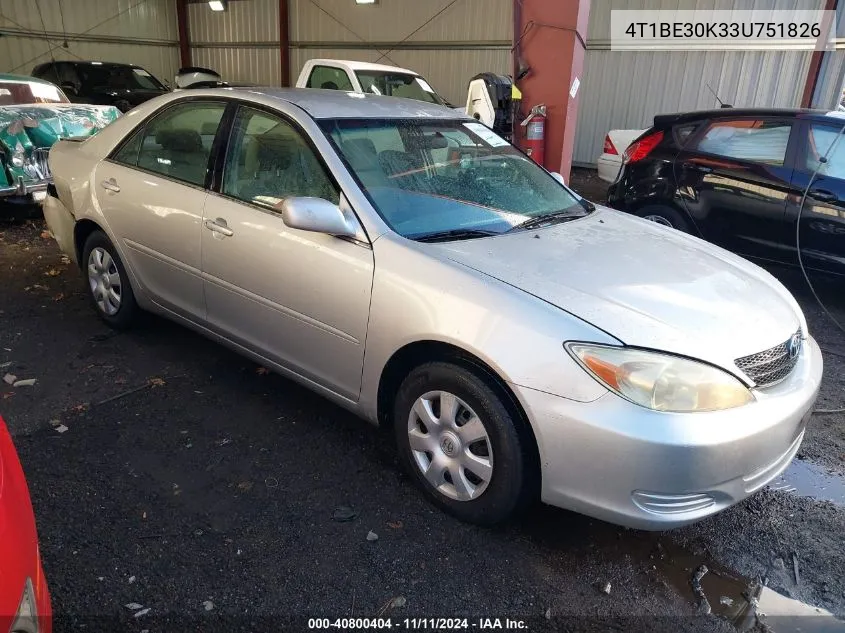 2003 Toyota Camry Le VIN: 4T1BE30K33U751826 Lot: 40800404