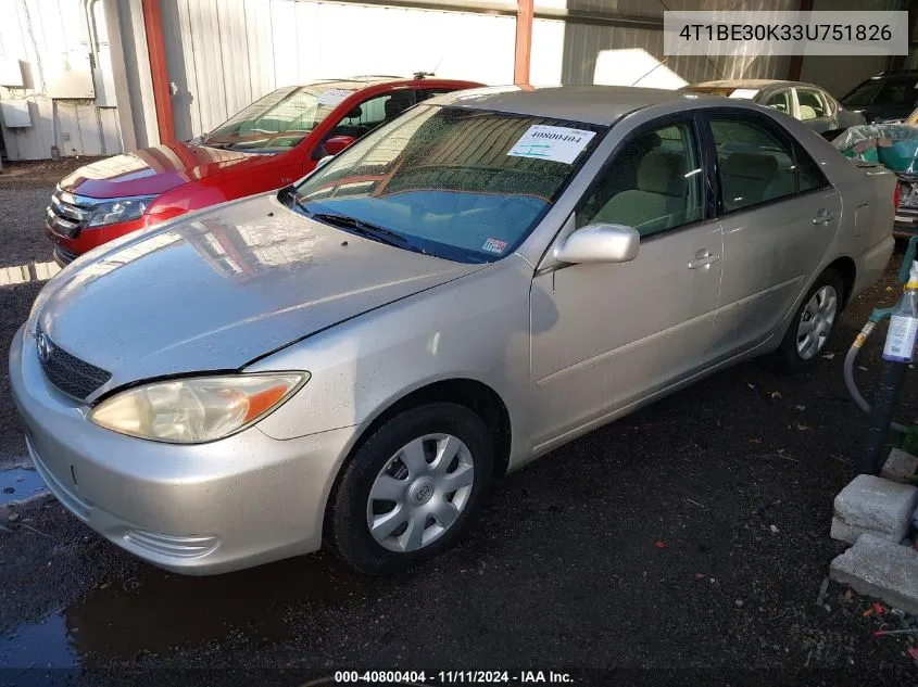 2003 Toyota Camry Le VIN: 4T1BE30K33U751826 Lot: 40800404