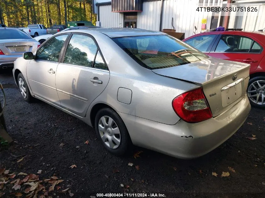 2003 Toyota Camry Le VIN: 4T1BE30K33U751826 Lot: 40800404