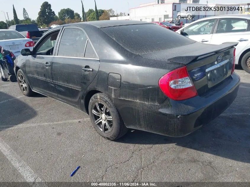 2003 Toyota Camry Le VIN: JTDBE32K530138941 Lot: 40802335