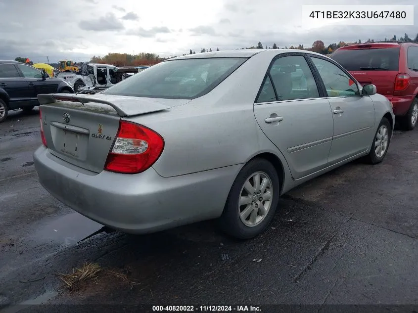 2003 Toyota Camry Xle VIN: 4T1BE32K33U647480 Lot: 40820022